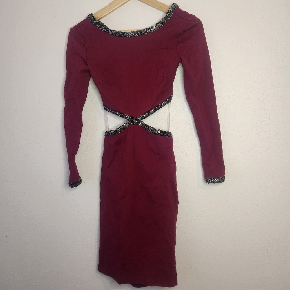Windsor Long Sleeve Cutout Dress in Burgundy with Silver Trim
